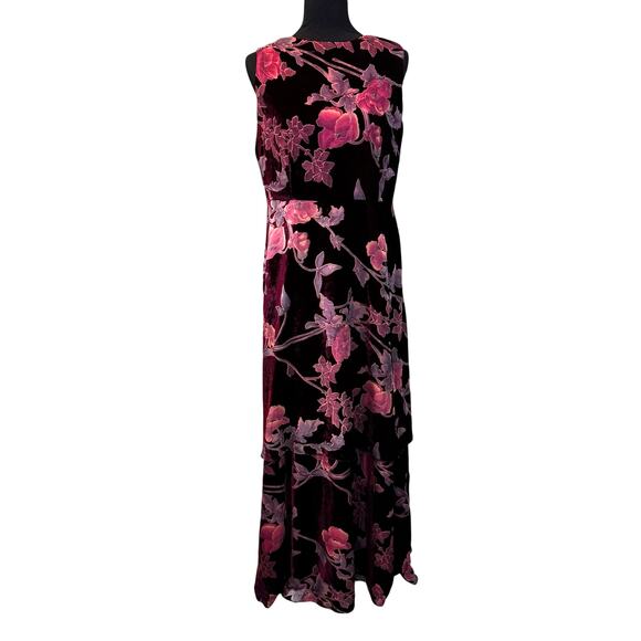 Tahari Burgundy Velvet Floral Maxi Dress Size 12 Burnout Sleeveless Gown - Picture 12 of 12
